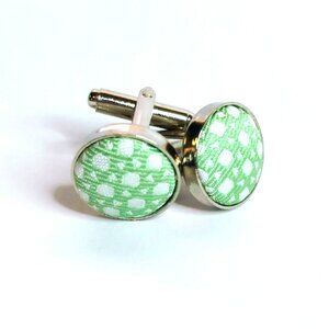 Green & White Patterned Fabric Cufflinks With Silver Tone Metal Finish